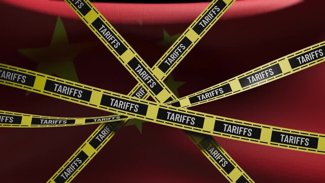 Flag of China behind yellow caution tape, import and export tariffs concept