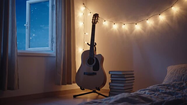 Acoustic guitar on stand in a cozy bedroom with string lights.