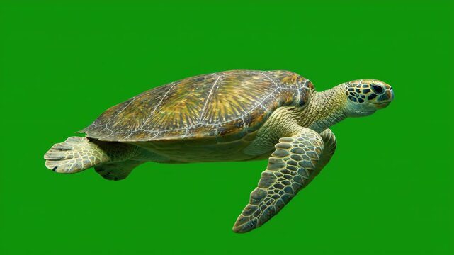 Majestic green sea turtle swimming gracefully across a solid chroma key green background for visual effects compositing