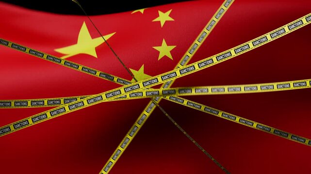 Flag of China marked with yellow warning tape, international trade restrictions