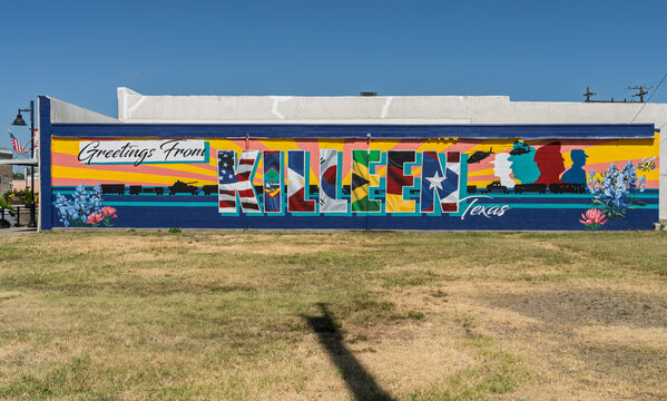 Killeen, TX - 10 July 2026: A colorful mural featuring the name of the city and various symbols celebrating local history and culture.