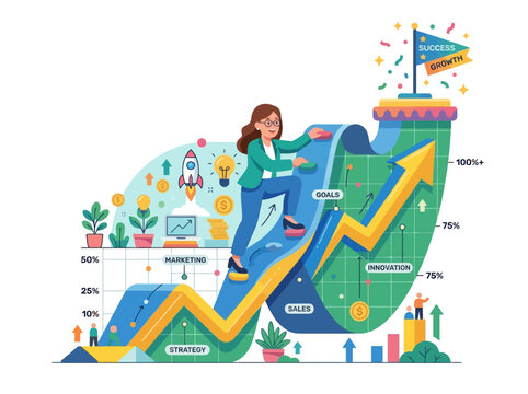 Modern Corporate Memphis 2.0 flat vector illustration of a businesswoman climbing a giant growth chart with a flag on top, colorful startup illustration, rounded geometric character, clean vector curv