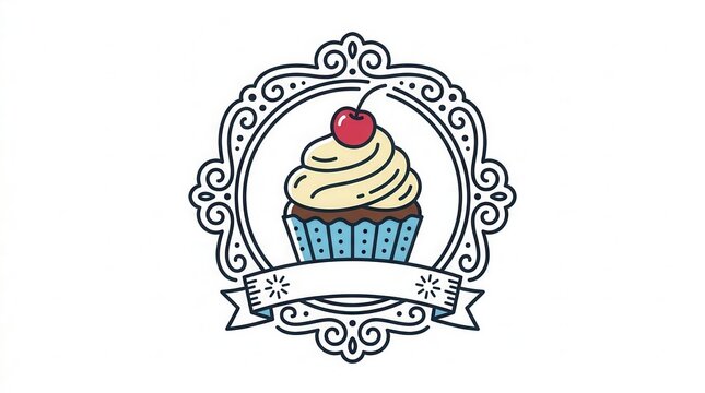 Cupcake Emblem with Cherry and Banner - Sweet Treat Icon