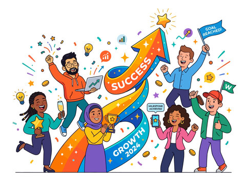 Modern Corporate Memphis 2.0 flat vector illustration of a diverse business team celebrating success around a large upward arrow, rounded friendly characters, vibrant modern palette, premium startup i