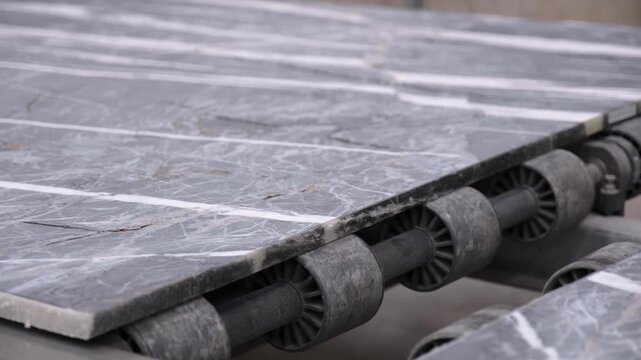 Automated marble slab polishing and finishing process in modern stone processing factory