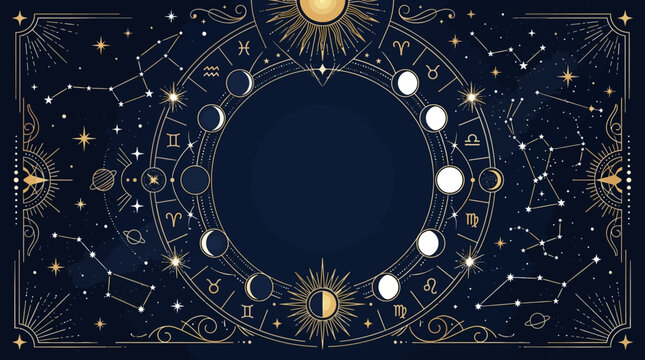 Flat vector premium celestial background, elegant constellation maps, zodiac symbols, moon phases, radiant sun motifs, sparkling stars and abstract geometric cosmic ornaments framing a large empty cen