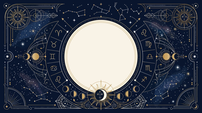 Flat vector premium celestial background, elegant constellation maps, zodiac symbols, moon phases, radiant sun motifs, sparkling stars and abstract geometric cosmic ornaments framing a large empty cen