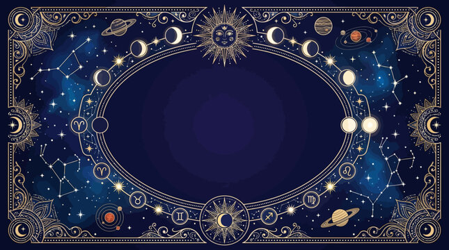 Flat vector premium celestial background, elegant constellation maps, zodiac symbols, moon phases, radiant sun motifs, sparkling stars and abstract geometric cosmic ornaments framing a large empty cen