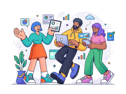 Premium commercial flat vector illustration, Corporate Memphis 2.0 style, modern SaaS aesthetic, Storyset inspired, DrawKit inspired, rounded geometric characters, oversized hands and feet, friendly s