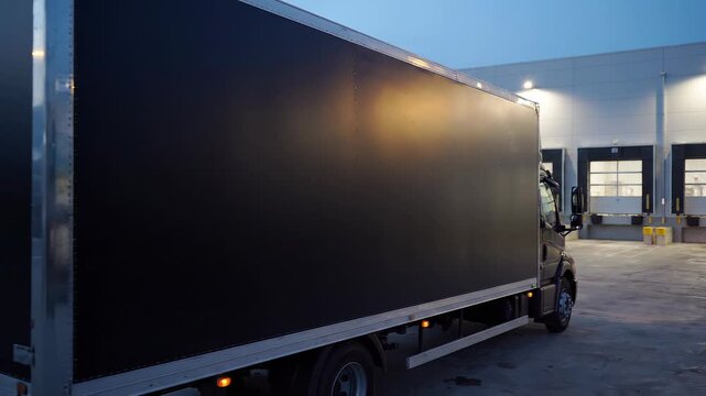 Large black truck parked at a modern warehouse loading dock at dusk.