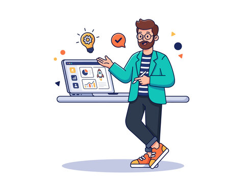DrawKit inspired flat vector illustration, startup business character, rounded proportions, clean geometric construction, bold colorful clothing, thick smooth outlines, soft ambient shadows, modern Sa