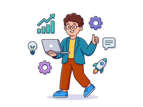 DrawKit inspired flat vector illustration, startup business character, rounded proportions, clean geometric construction, bold colorful clothing, thick smooth outlines, soft ambient shadows, modern Sa