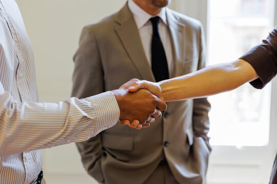 Business colleagues shaking hands making agreement