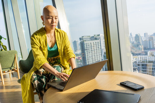 Woman Works on Laptop in Modern Office Space With City View