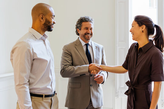 Business professionals shaking hands, sealing a partnership agreement
