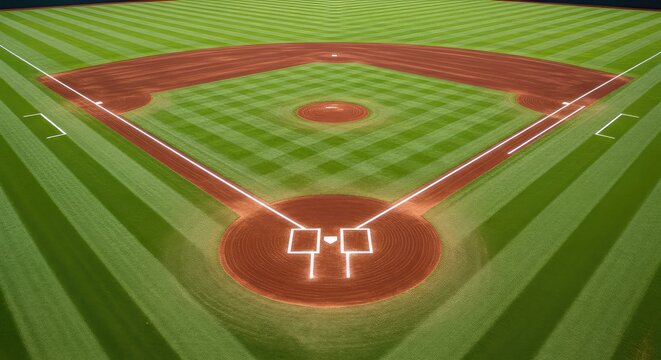 An expansive overhead perspective of a pristine baseball diamond with lush green grass, white foul lines, and meticulously raked brown dirt, recreation, sport, symmetry
