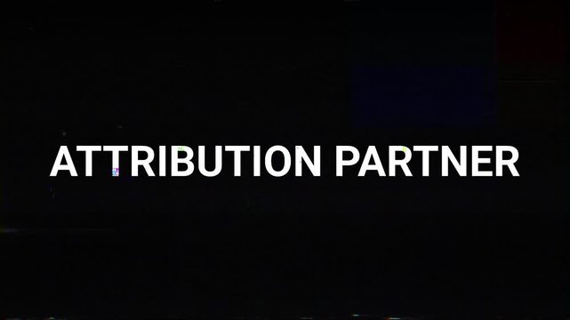 Attribution partner text with digital glitch effect and rgb split on dark background