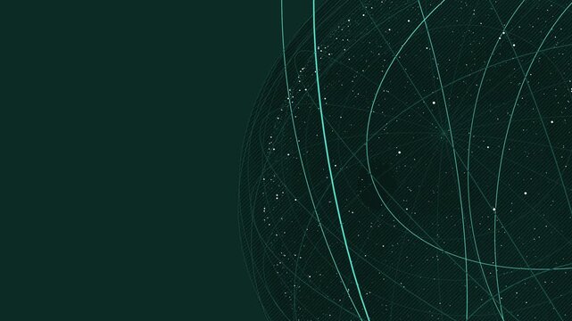 Deep green digital network globe featuring glowing cyan orbital lines and particle nodes for eco tech and data visualization visuals