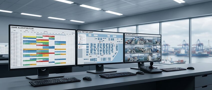 Professional shipping port control room interior featuring multiple monitors displaying crane schedules yard layouts and live surveillance camera feeds overlooking active docks.