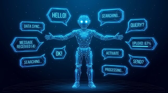 Digital humanoid robot with glowing blue lines and speech bubbles displaying various commands and messages, representing artificial intelligence and machine learning concepts