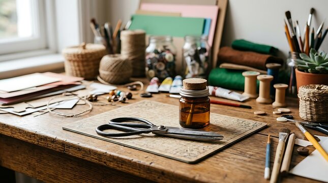 Artistic workspace with scissors and craft supplies on wooden table