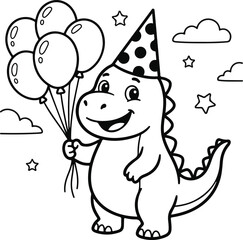 Fototapeta premium Cute cartoon dinosaur holding balloons coloring book design