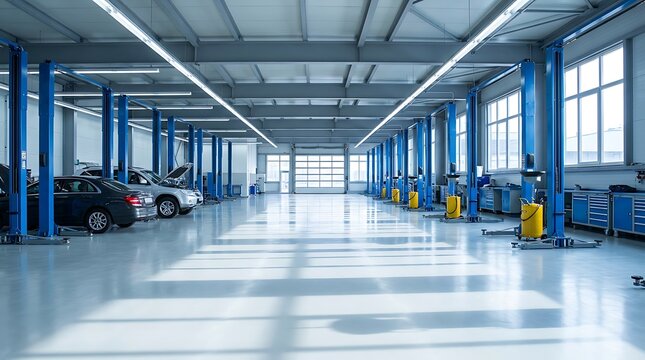 Empty modern car service center workshop interior featuring blue lifting platforms clean floor and tools cabinets ready for vehicle maintenance and repair operations area view.