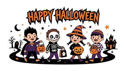 Happy Halloween Trick-or-Treaters: Adorable cartoon children dressed as a vampire, skeleton, witch, and another character are excitedly going trick-or-treating on Halloween night.