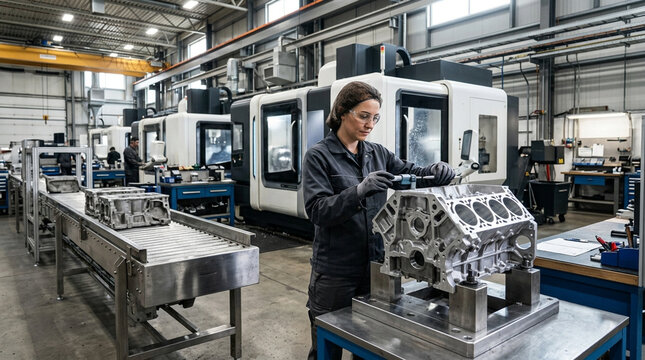 Female engineer inspecting engine block in modern manufacturing plant