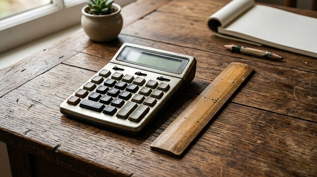 Vintage calculator with a wooden ruler and notebook on an office desk