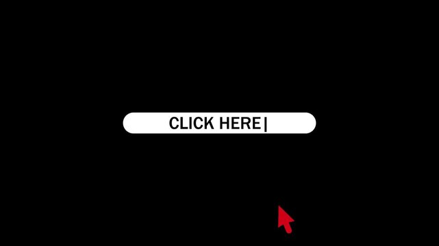 Click here button click animation with mouse cursor on black background. 4k video
