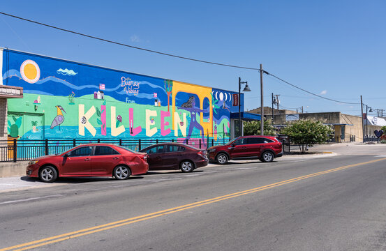 Killeen, TX - July 10 2026: A colorful street art mural adorns the side of a building on a bright sunny day in downtown in Texas.