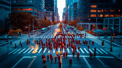 Obraz premium Busy Urban Crosswalk with AI Powered Crowd Analytics and Smart City Technology