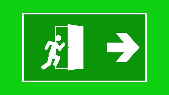 Animated emergency exit sign with stickman running through door icon on green screen and black background for safety and evacuation video project.