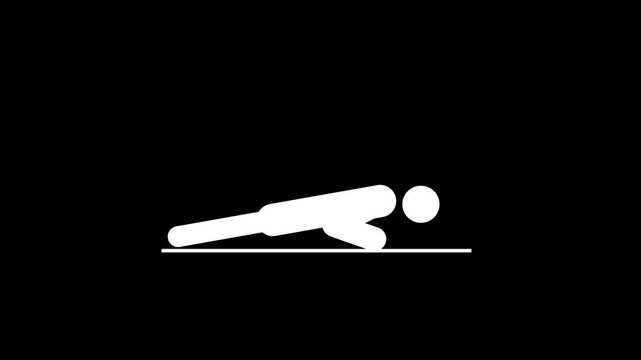 Animated stickman doing push up exercise loop on green screen and black background for fitness, gym, workout, and healthy lifestyle concept.