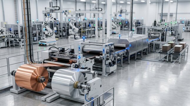 Battery manufacturing equipment with electrode coating rollers, calendaring presses, cell stacks, drying ovens, and copper aluminum foil rolls on an automated factory floor.