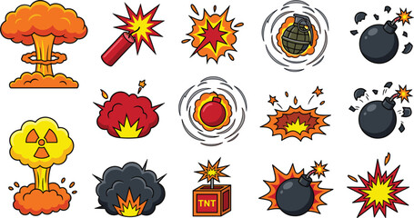 Comic Cartoon Explosion and Bomb Vector Icon Set Featuring Nuclear Mushroom Clouds Dynamite TNT Grenades and Flash Blast Elements © Sanjida Creative