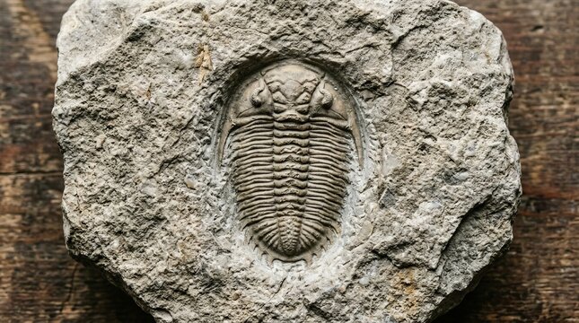 Close-up view of ancient trilobite fossil embedded in stone slab.