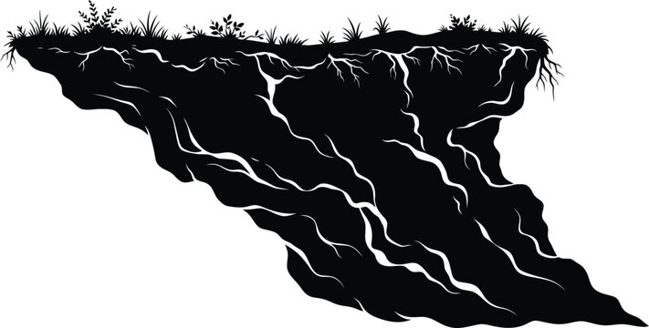 Cross section of earth soil layer with vegetation and roots, vegetation