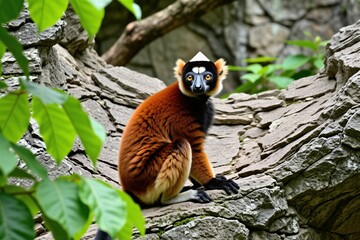Fototapeta premium Red lemur sits on rock ledge in naturalistic enclosure. Primate has black face white fur crown and bushy orange fur. Green leaves surround animal.