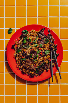 Beef stir fry noodles with side of dumplings