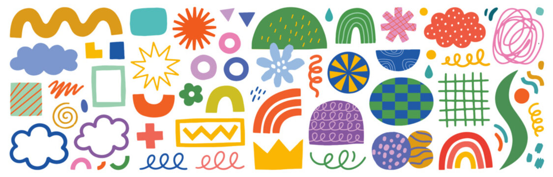 Collection of abstract shapes and patterns in vibrant colors for graphic elements with cheerful colors against white background showcases diverse collection