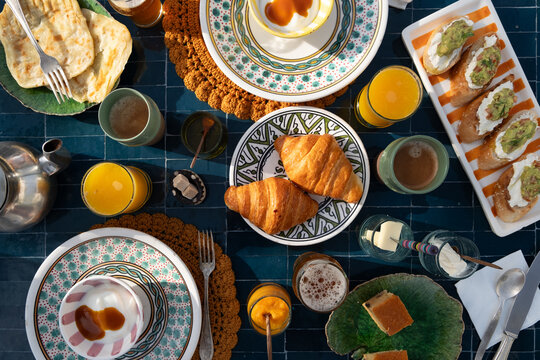 Breakfast on a tiled table in Marrakech, Morocco