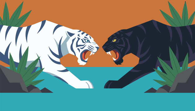 Confrontation between a white and black tiger standing on rocky banks with lush green foliage under a warm orange sky setting.