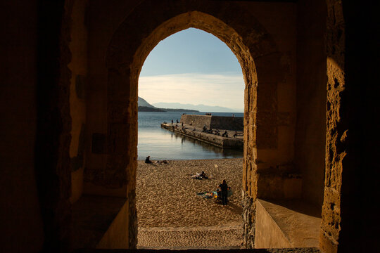 Cefalu, Italy; 1st January 2026: Porta Pescara, one of the city's ancient medieval gates, offering a picturesque view of the sea.