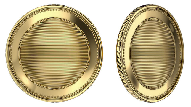 Blank gold coins with ribbed central part and concentric circles. Gold coins mockup in two angles: front and side view. 3d illustration isolated on white