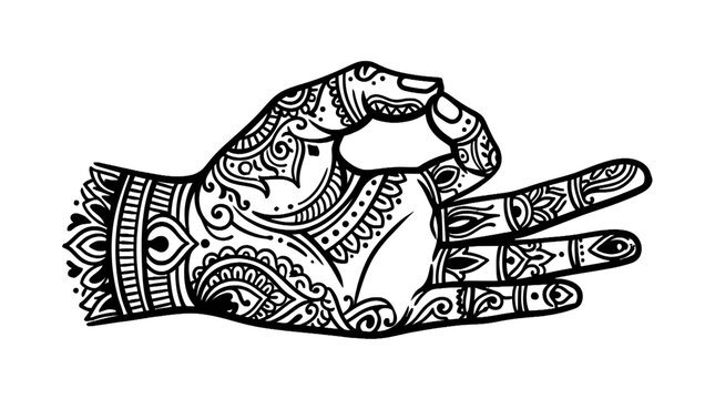 Hand in Zen Pose Mudra Vector with Detailed Henna Mehndi Ornament