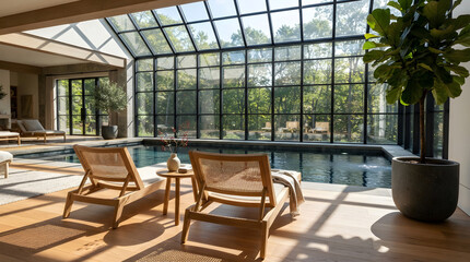 Fototapeta premium Luxury Indoor Pool with Sunroom and Lounge Chairs: A beautifully designed indoor swimming pool area features a sunroom with large glass windows overlooking lush greenery.