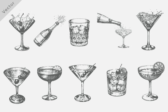 cocktail drink glass set hand drawn illustration engraving style. popular alcoholic cocktails in hand drawn sketch style. vector for drinks cards, bar and wedding menus, cards and website graphics. 