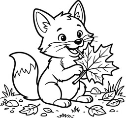 Obraz premium Adorable fox playing with a maple leaf coloring book design